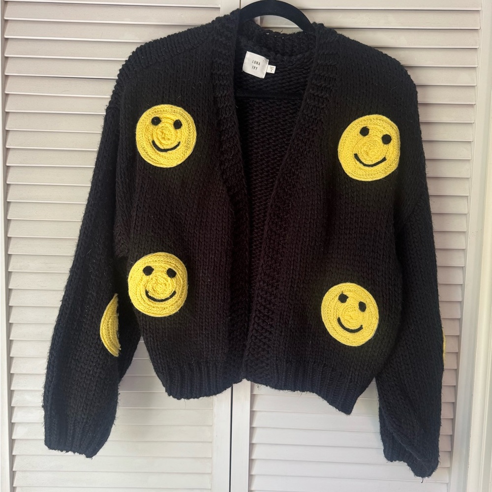 Chic Black and Yellow Smiley Cardigan with Soft Knit and Open Front